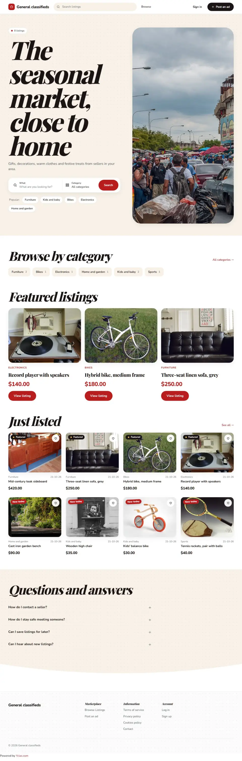 The Winter Market template, home page filled in with sample listings