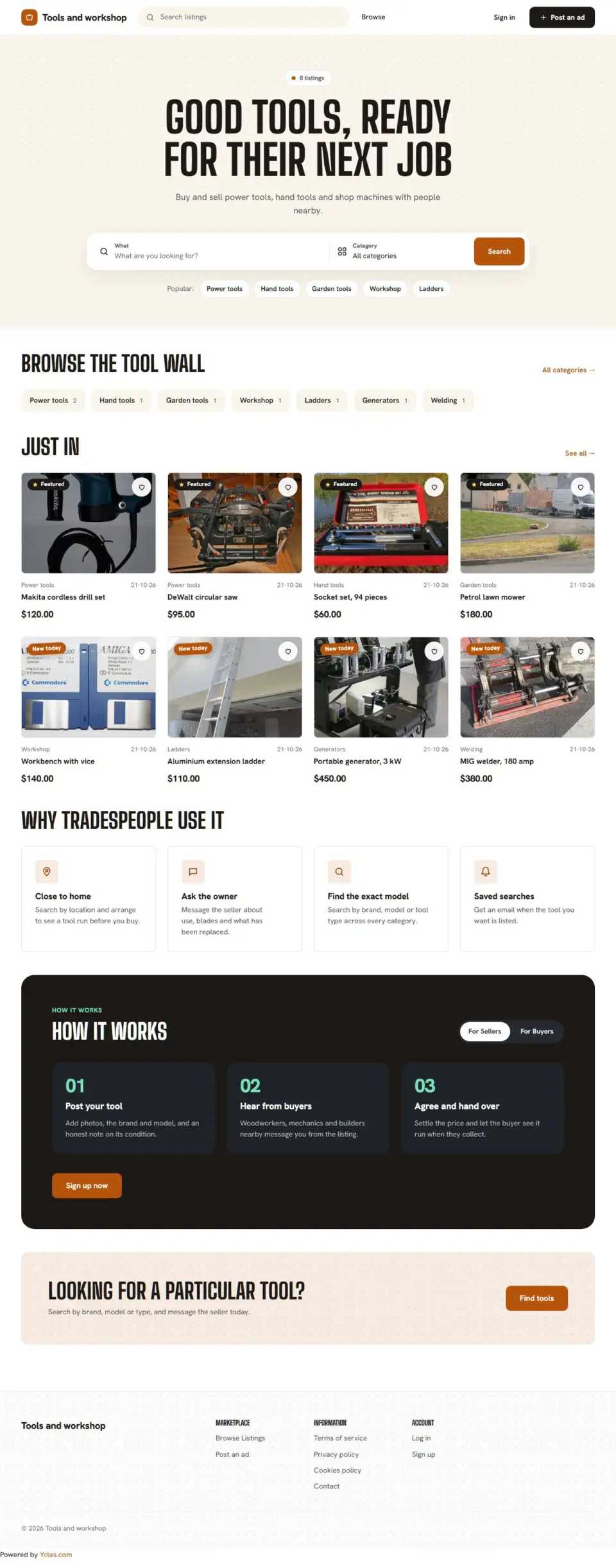 The Workshop template, home page filled in with sample listings