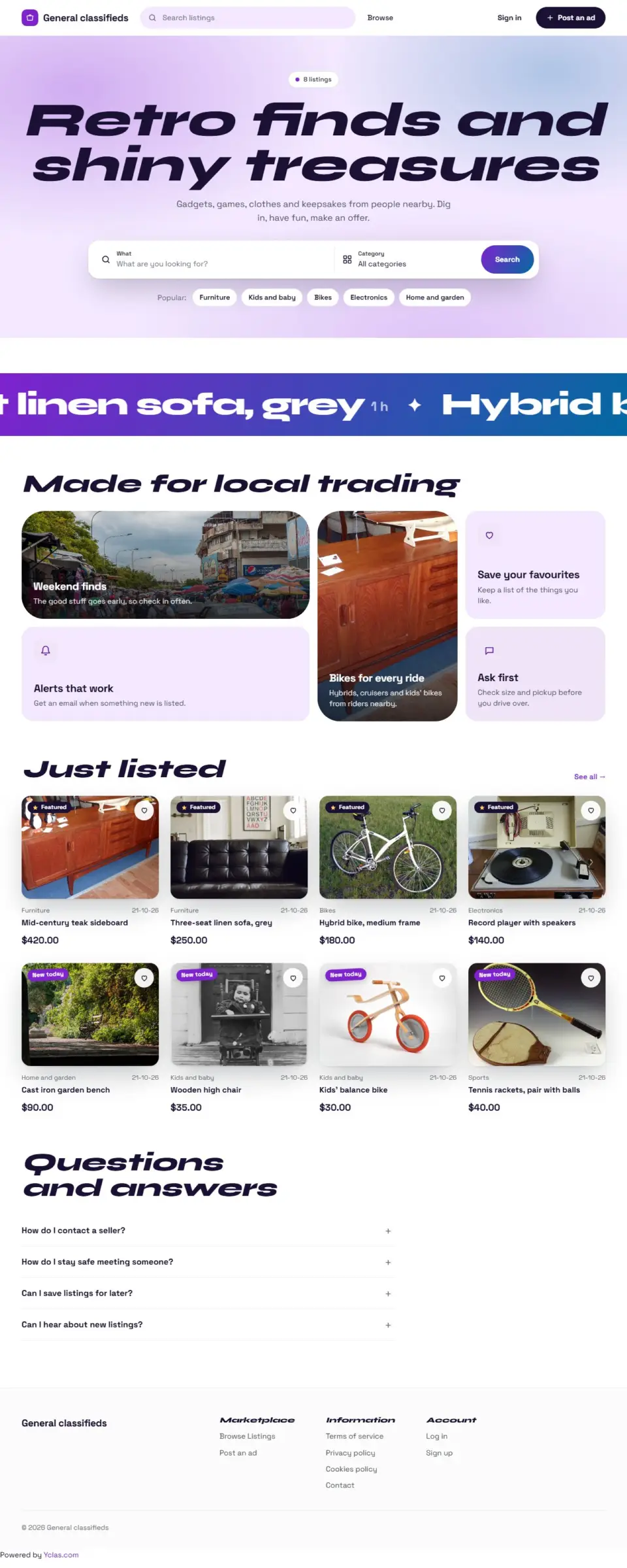 The Y2K template, home page filled in with sample listings