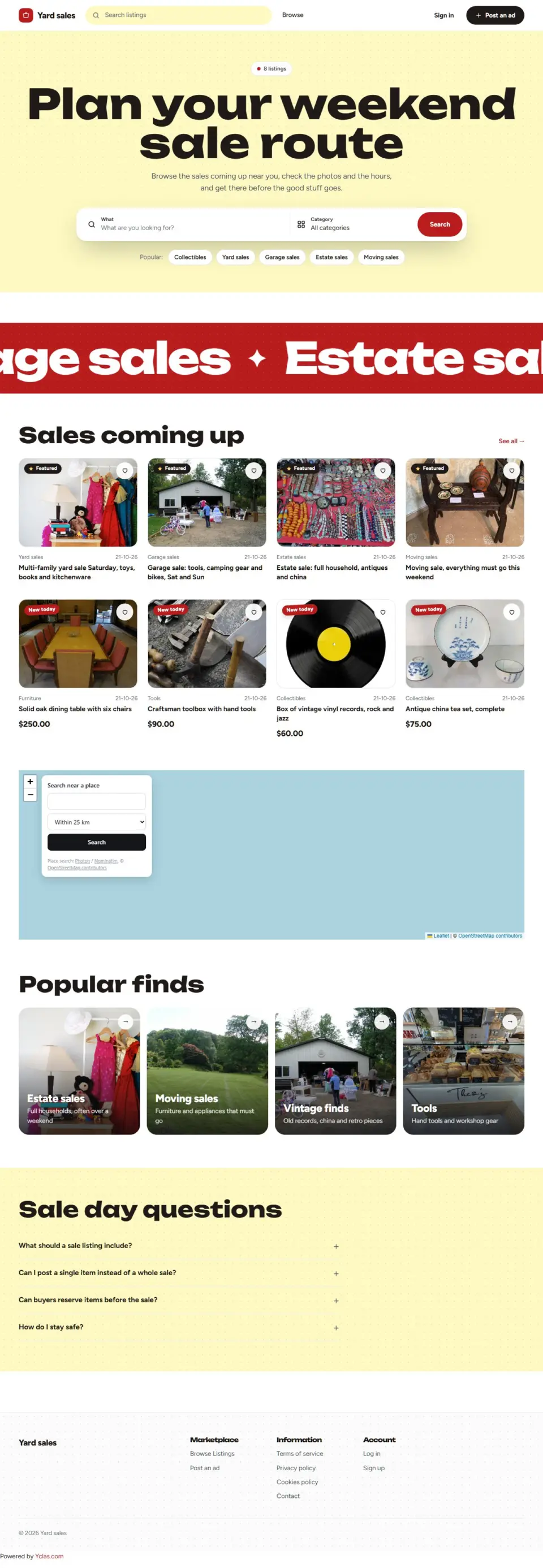 The Yard Sale template, home page filled in with sample listings
