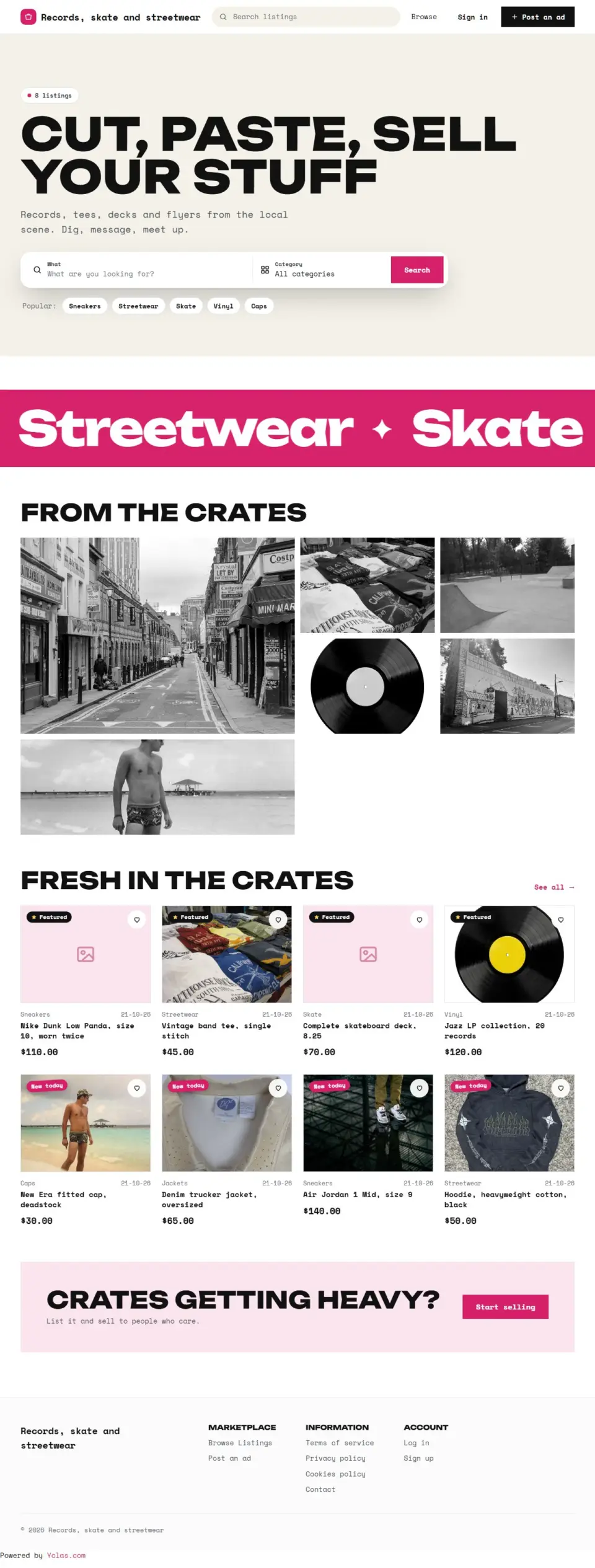 The Zine template, home page filled in with sample listings