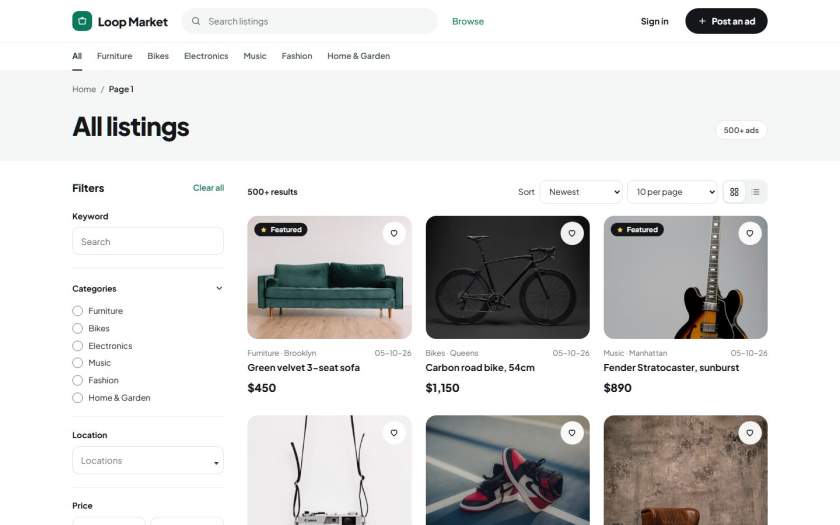 Search results with filters